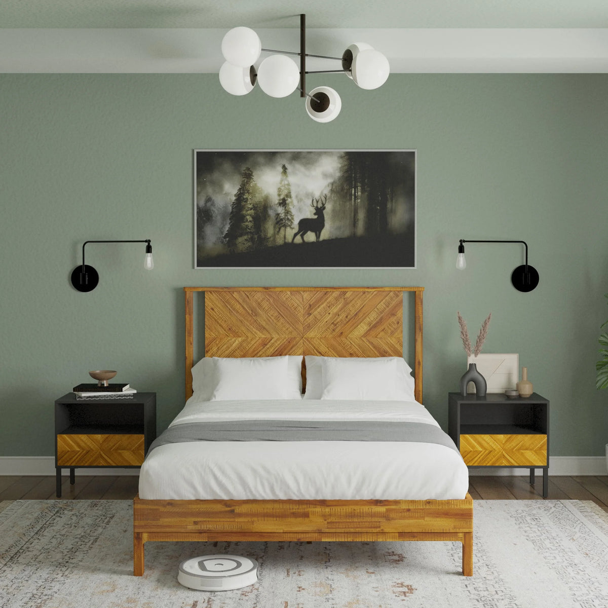 Queen Platform Bed Frame with Headboard Solid Wood Black T7199