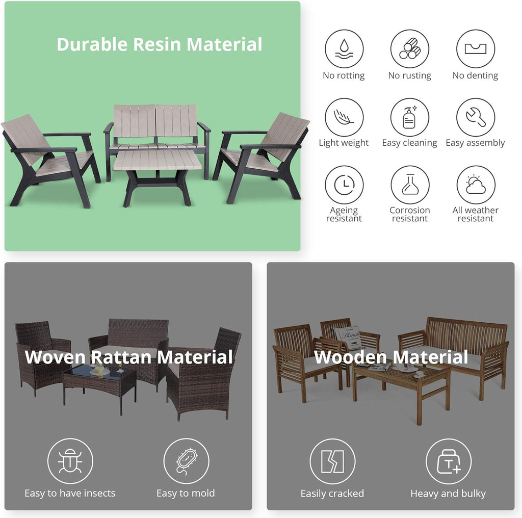 4 Pieces Resin Outdoor Patio Furniture Set with Loveseat, Chairs, Coffee Table R372
