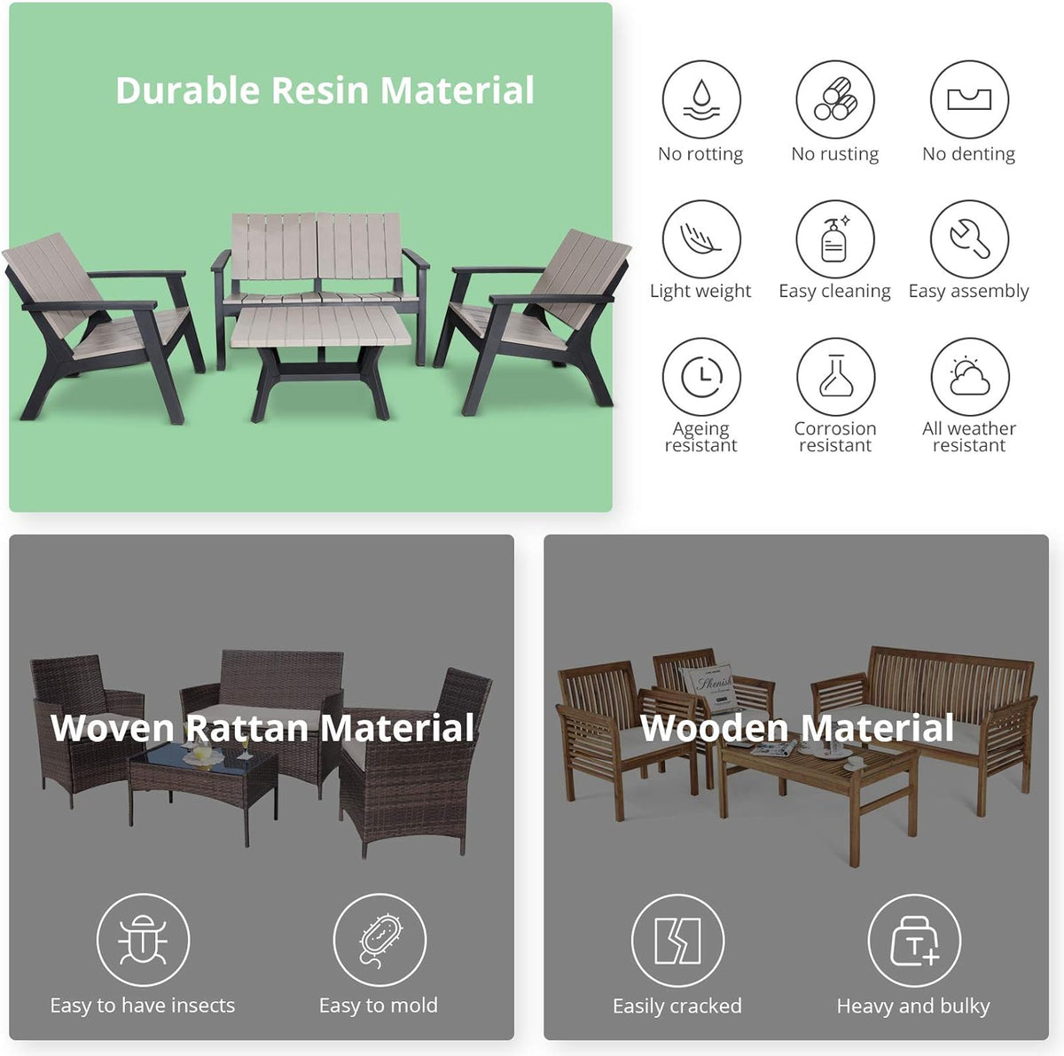 4 Pieces Resin Outdoor Patio Furniture Set with Loveseat, Chairs, Coffee Table R372