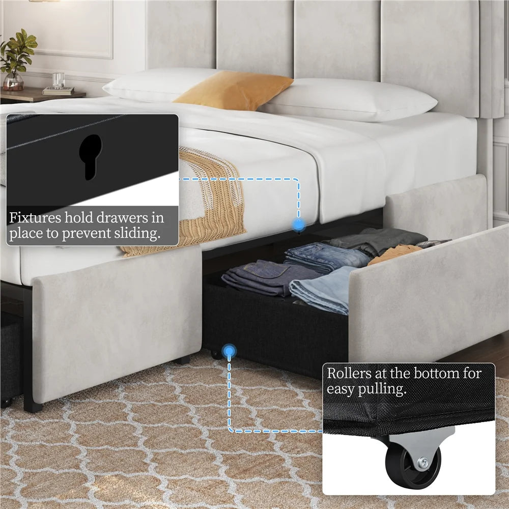 Queen Dark Gray Upholstered Bed with 4 Storage Drawers T134