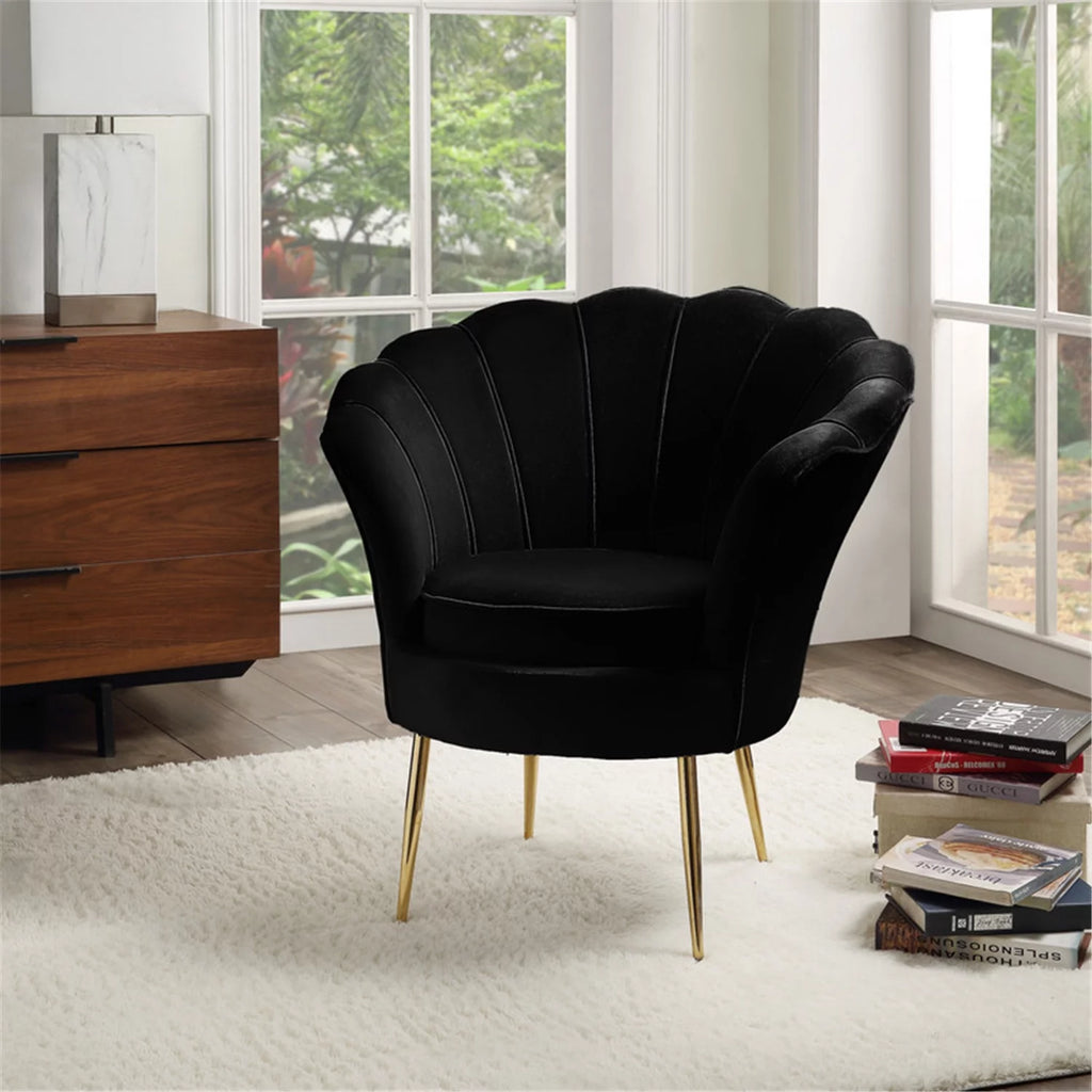 Black Velvet Scalloped Back Accent Chair with Metal Legs W402842