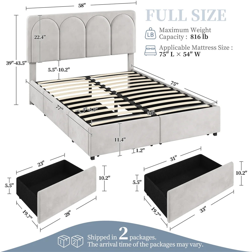 Queen Dark Gray Upholstered Bed with 4 Storage Drawers T134