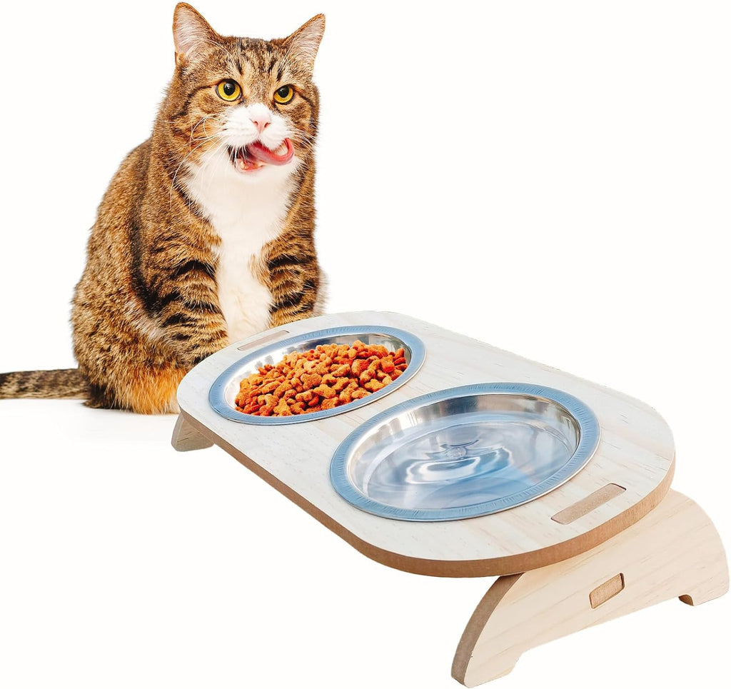 15° Tilted Raised Stainless Steel Cat Bowls with Wood Stand T627