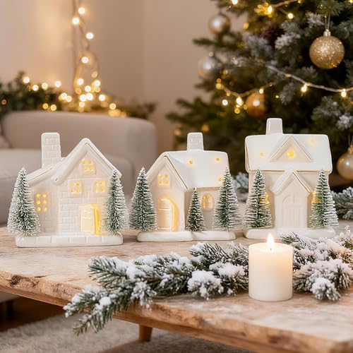 Set of 3 Light Up Ceramic Christmas Village House Figurines O1916