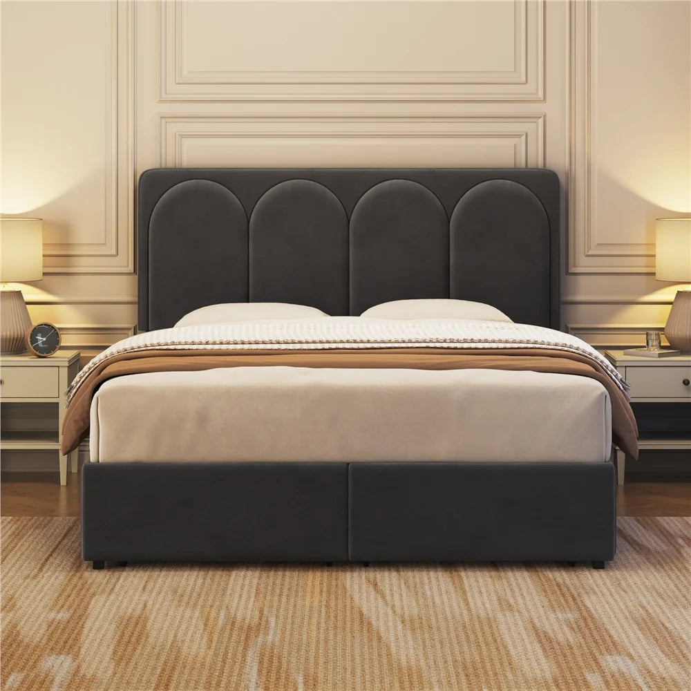 Queen Dark Gray Upholstered Bed with 4 Storage Drawers T134