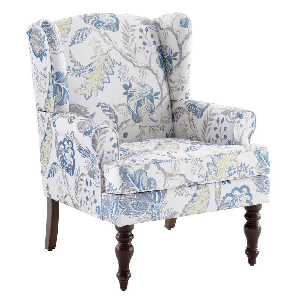 Blue Floral Print Upholstered Wingback Accent Chair with Solid Wood Legs K503455
