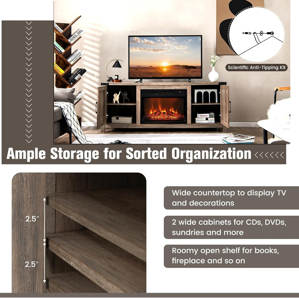 Electric Fireplace TV Stand with Storage Cabinets G166
