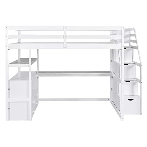 White Solid Wood Twin Loft Bed with Stairs and Desk P9140