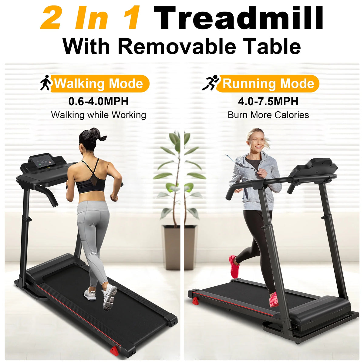 Folding Treadmill with Removable Tabletop and Incline, 2.5 HP, Black P256