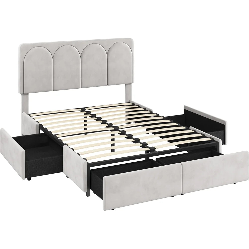 Queen Dark Gray Upholstered Bed with 4 Storage Drawers T134