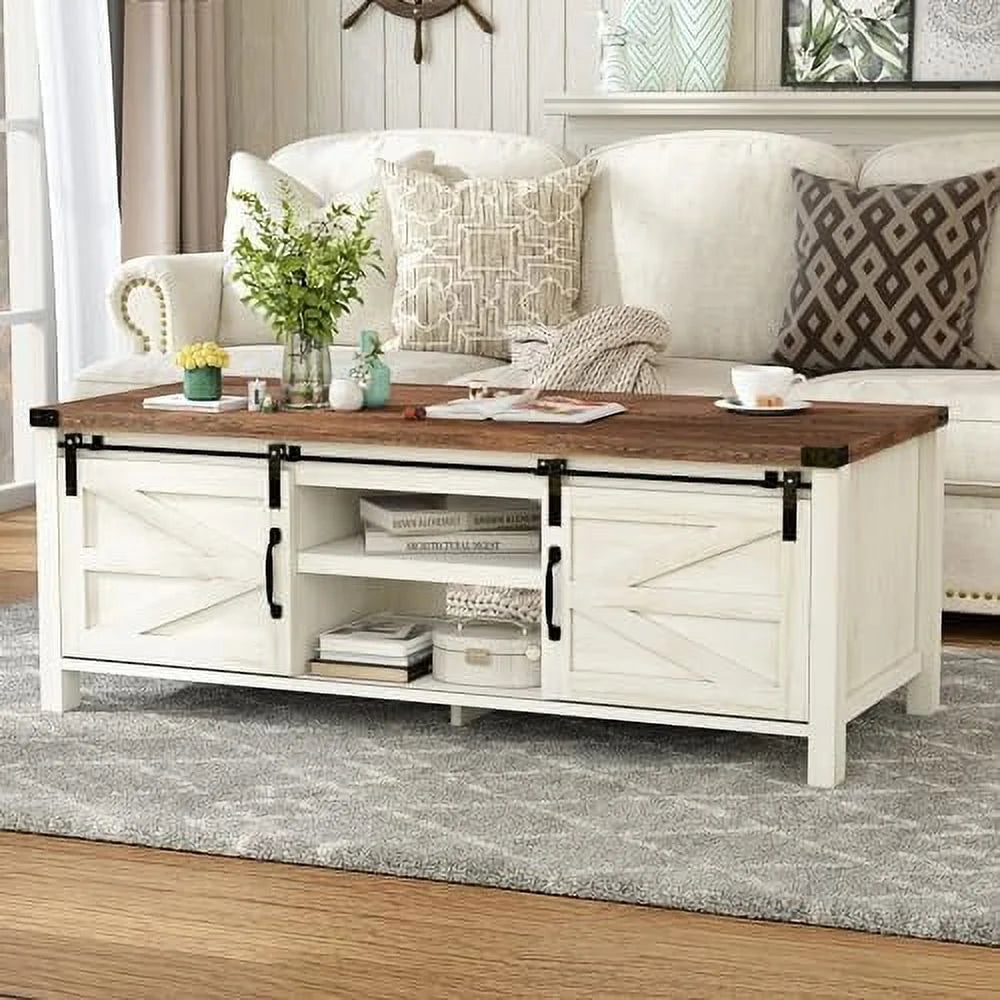 Farmhouse Coffee Table with Sliding Barn Doors Q537
