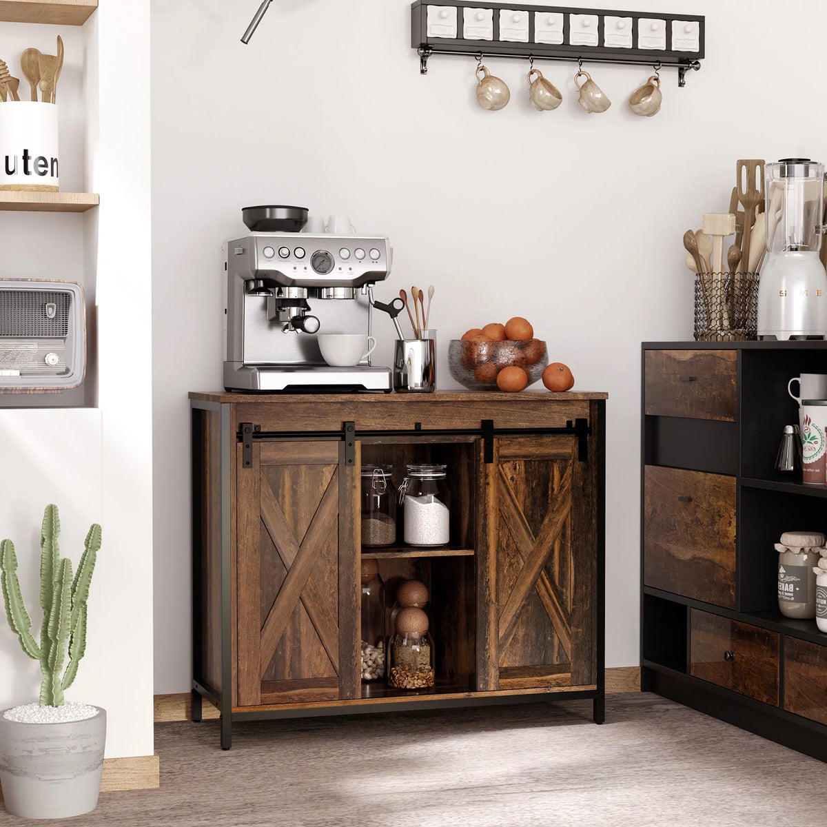 Industrial Sideboard with Sliding Barn Doors and Adjustable Shelves D52429