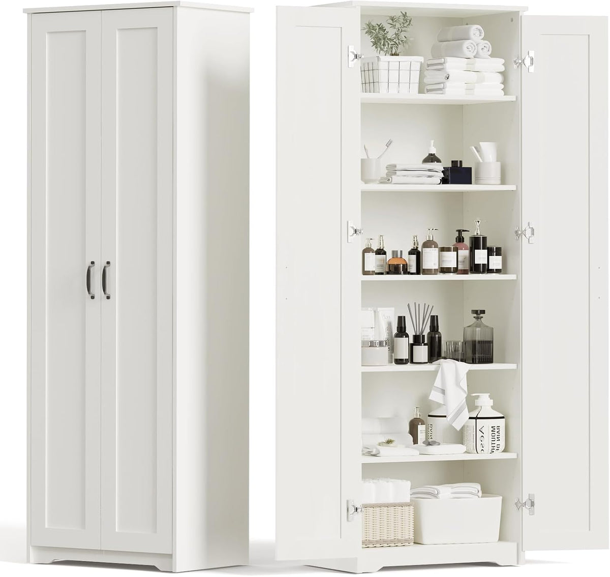 White Tall Storage Pantry Cabinet with 2 Doors and 6 Adjustable Shelves Y33415