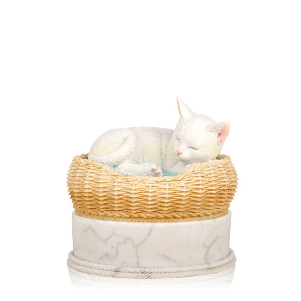 Hand Painted White Cat in Basket Cremation Urn W284