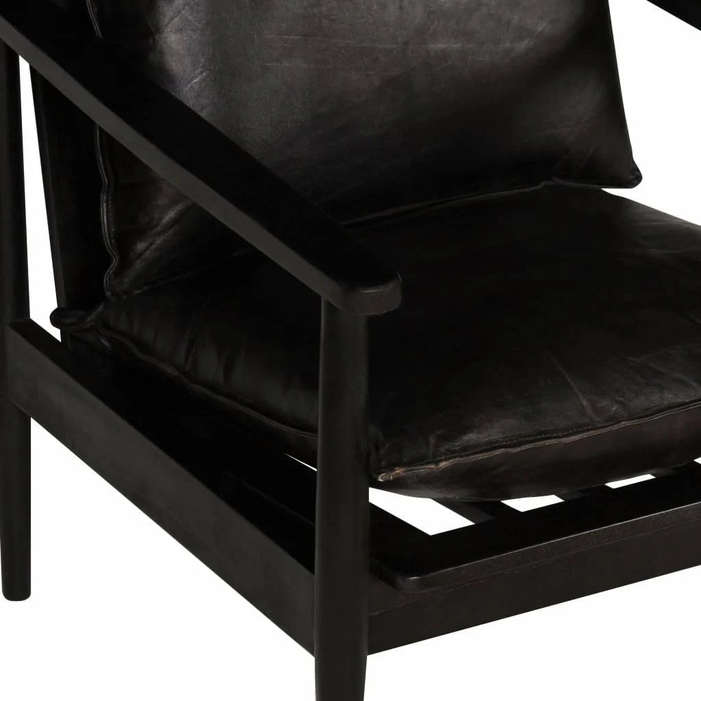 Black Real Leather Armchair with Acacia Wood V178442