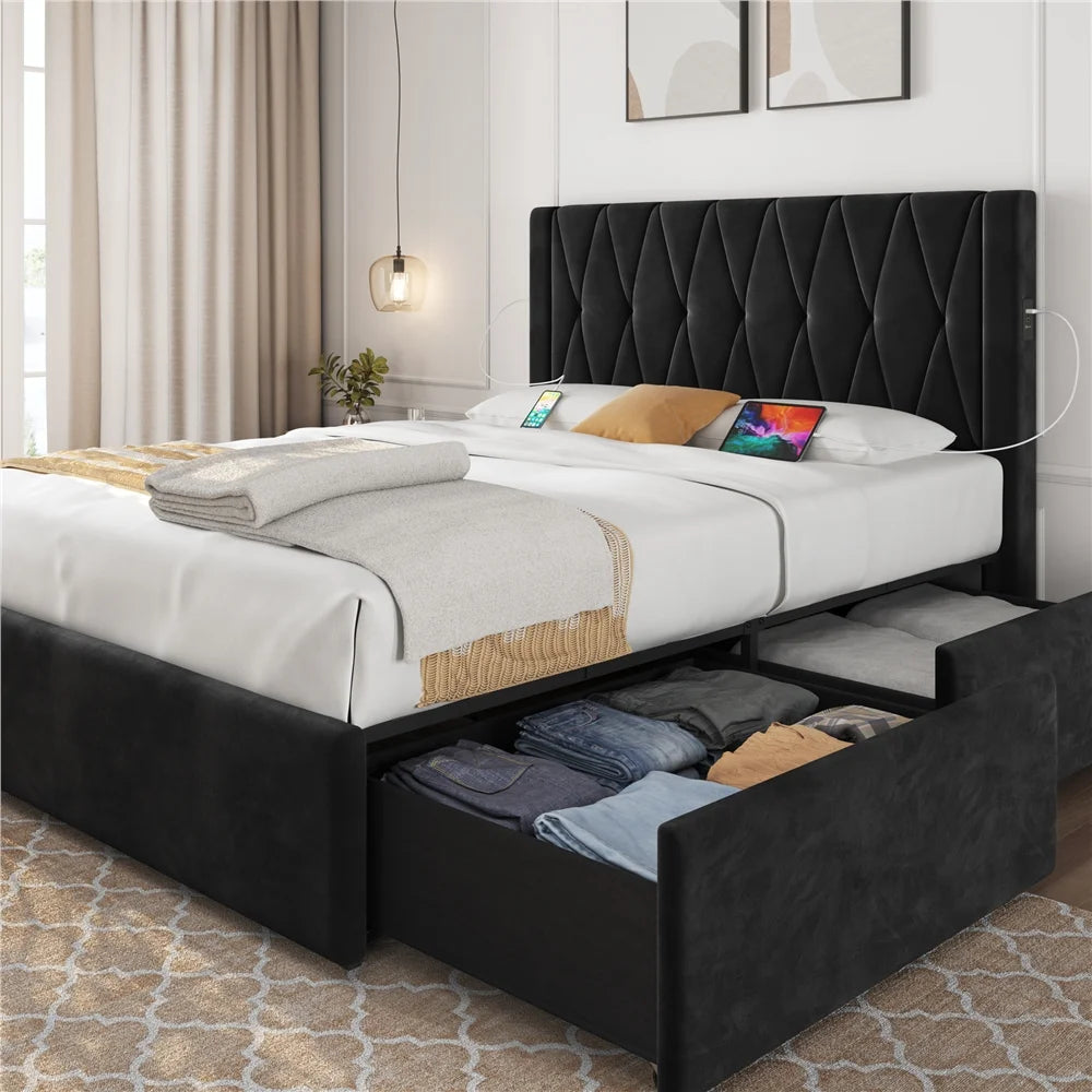 Black Full Upholstered Bed with 4 Storage Drawers H9356