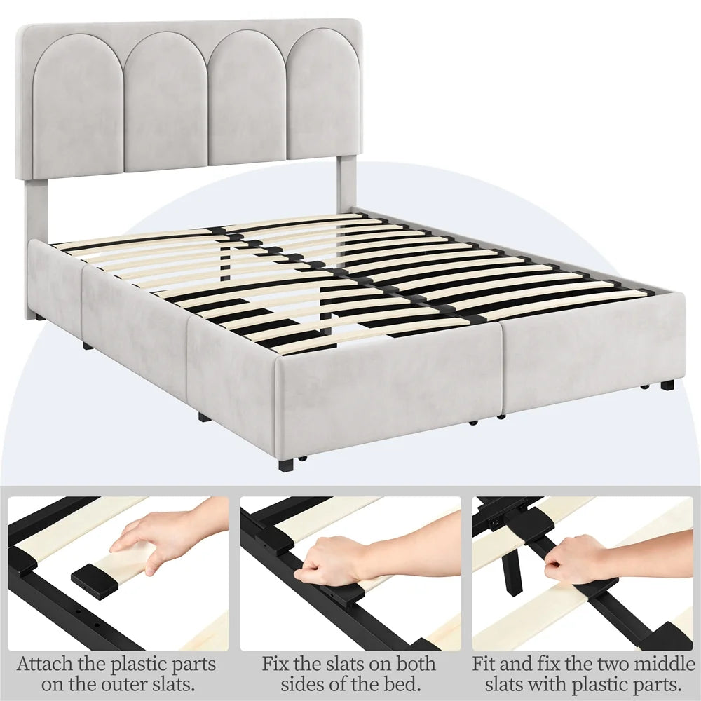 Queen Dark Gray Upholstered Bed with 4 Storage Drawers T134