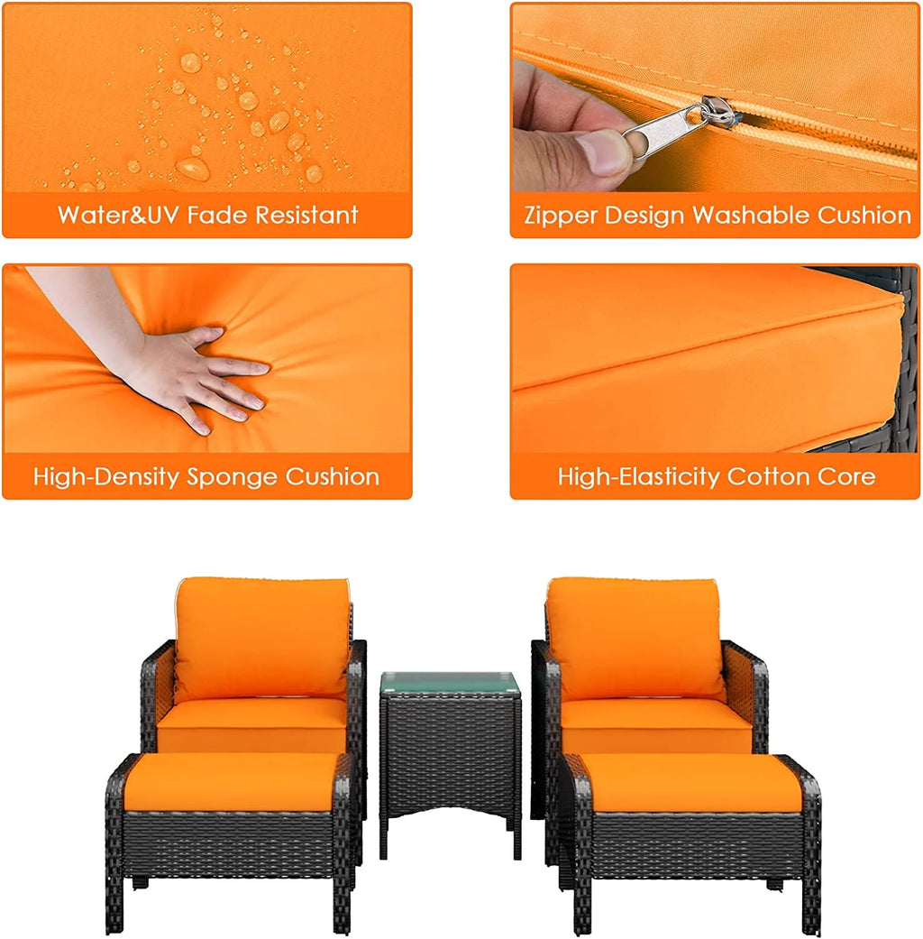 5 Pieces PE Rattan Wicker Outdoor Cushioned Lounge Chairs Set with Ottomans and Glass Table R984