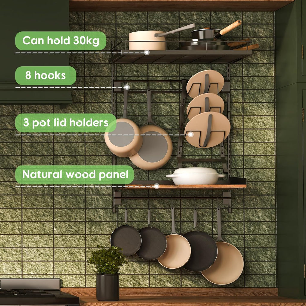 2 Pack Wall Mounted 2 Tier Pot Rack with 8 Hooks K863
