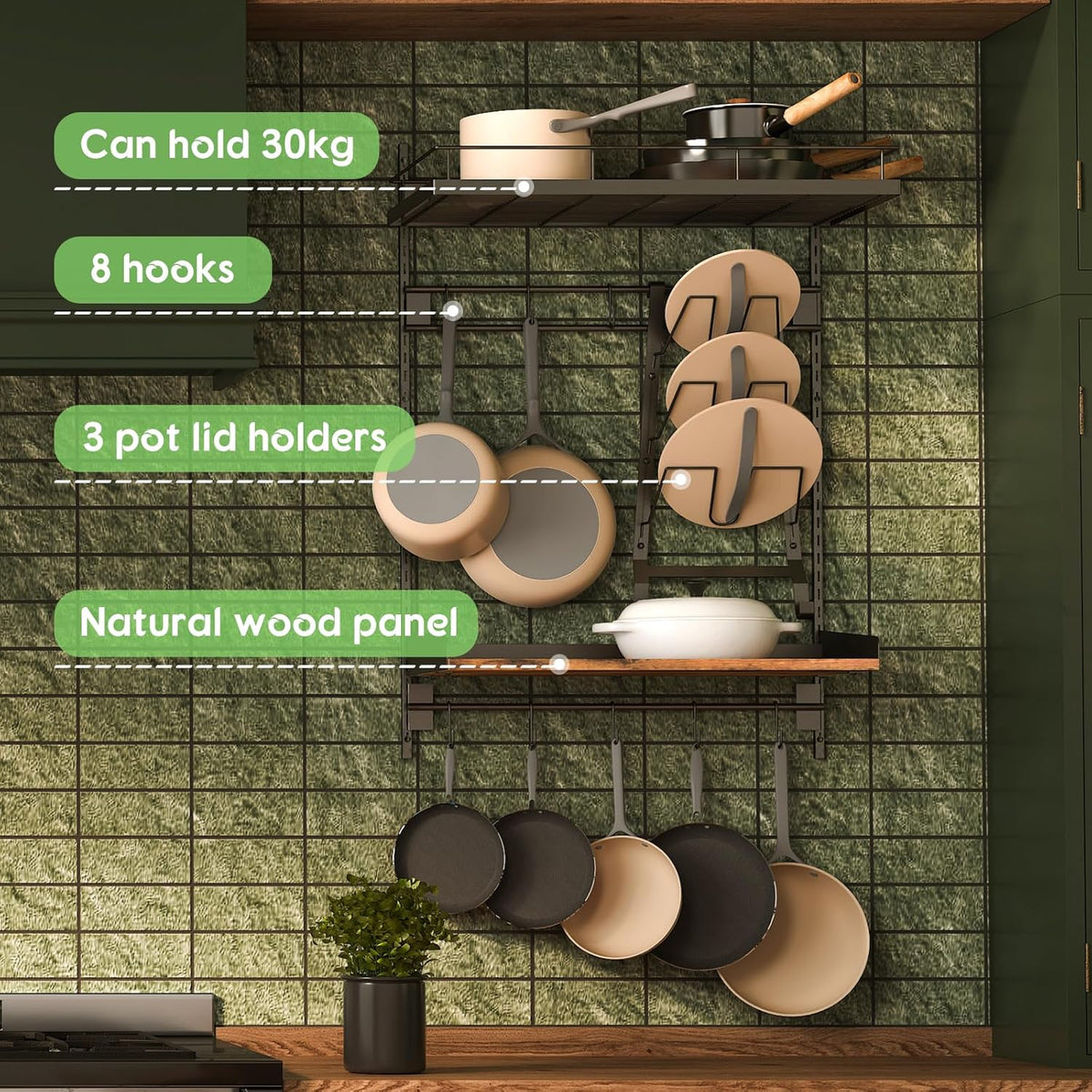 2 Pack Wall Mounted 2 Tier Pot Rack with 8 Hooks K863
