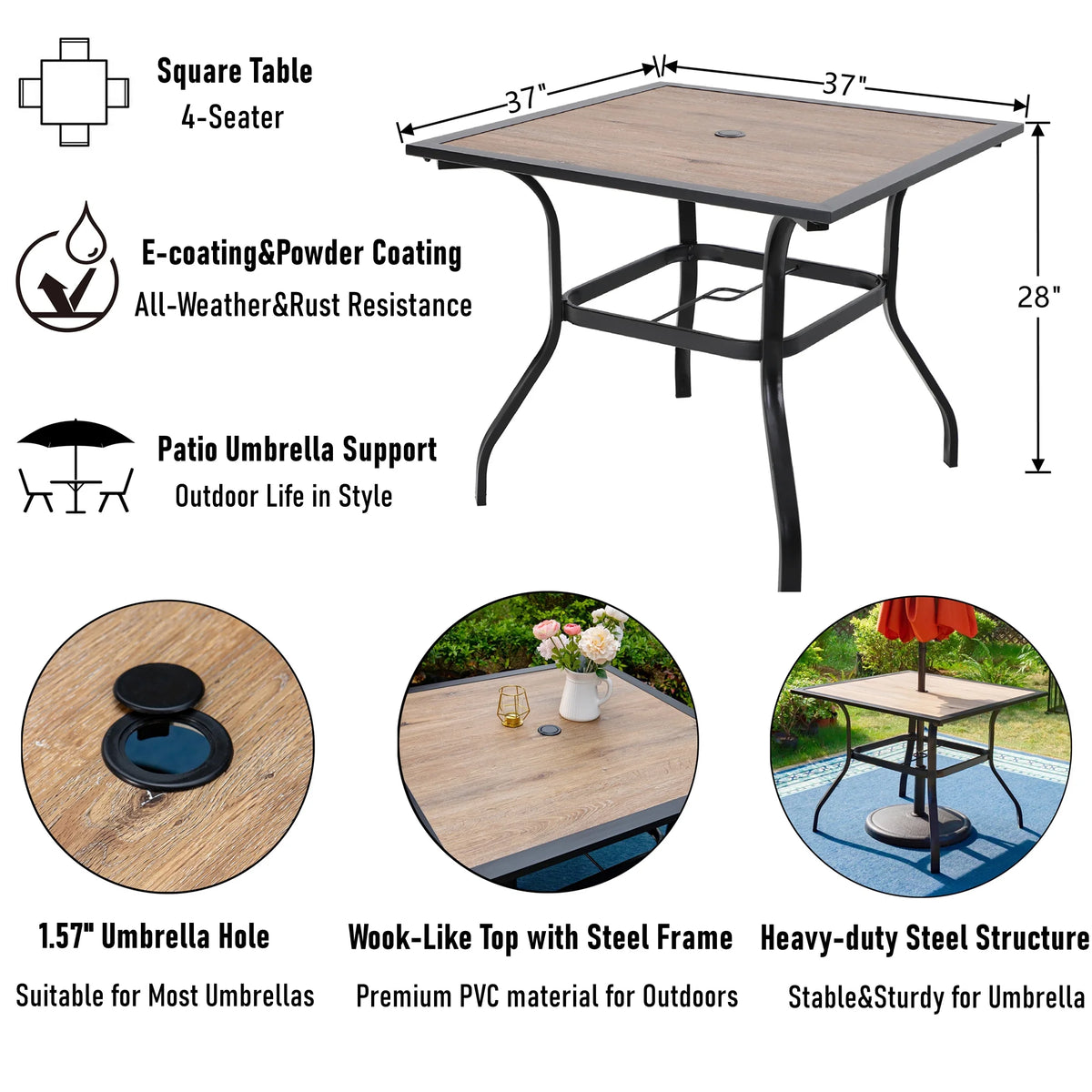 5-Piece Outdoor Dining Set with Black Steel Frame and Beige Cushion O713501