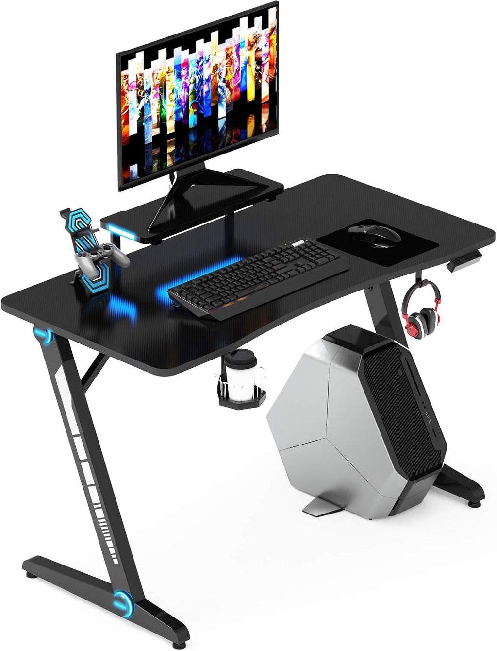 Z-Shaped Gaming Desk with Monitor Stand & Carbon Fiber Surface D1306