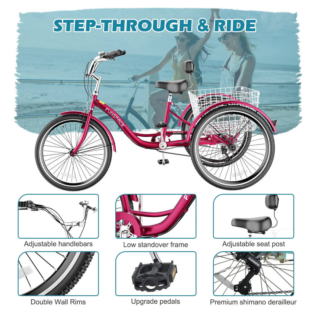 7 Speed 26 inch Three Wheel Bike Cruiser Trike with Low-Step Through Frame Large Basket Dark Green Q3654