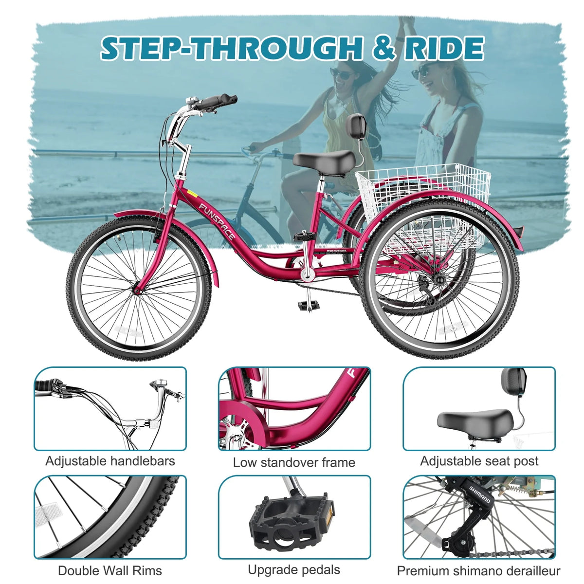7 Speed 26 inch Three Wheel Bike Cruiser Trike with Low-Step Through Frame Large Basket Dark Green Q3654