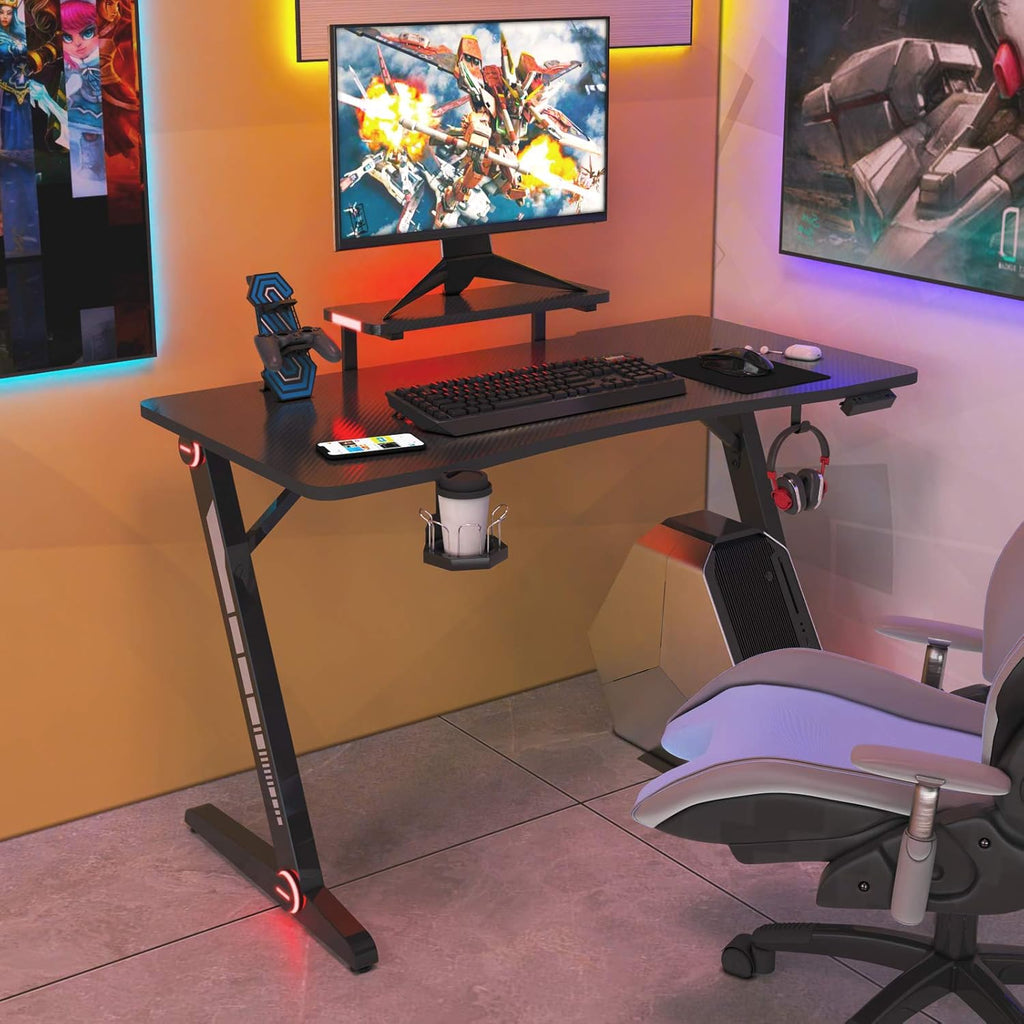 Z-Shaped Gaming Desk with Monitor Stand & Carbon Fiber Surface D1306
