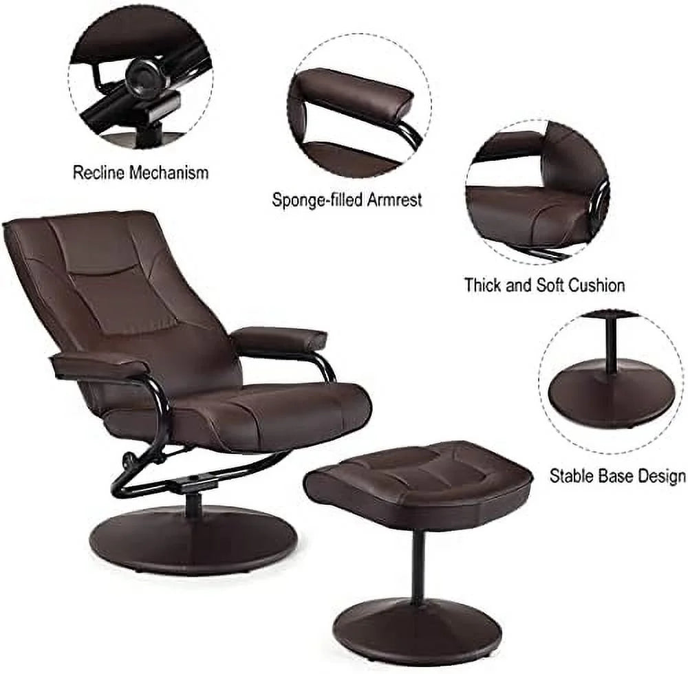 Brown PU Leather Swivel Recliner Chair with Footrest Ottoman Set T252231
