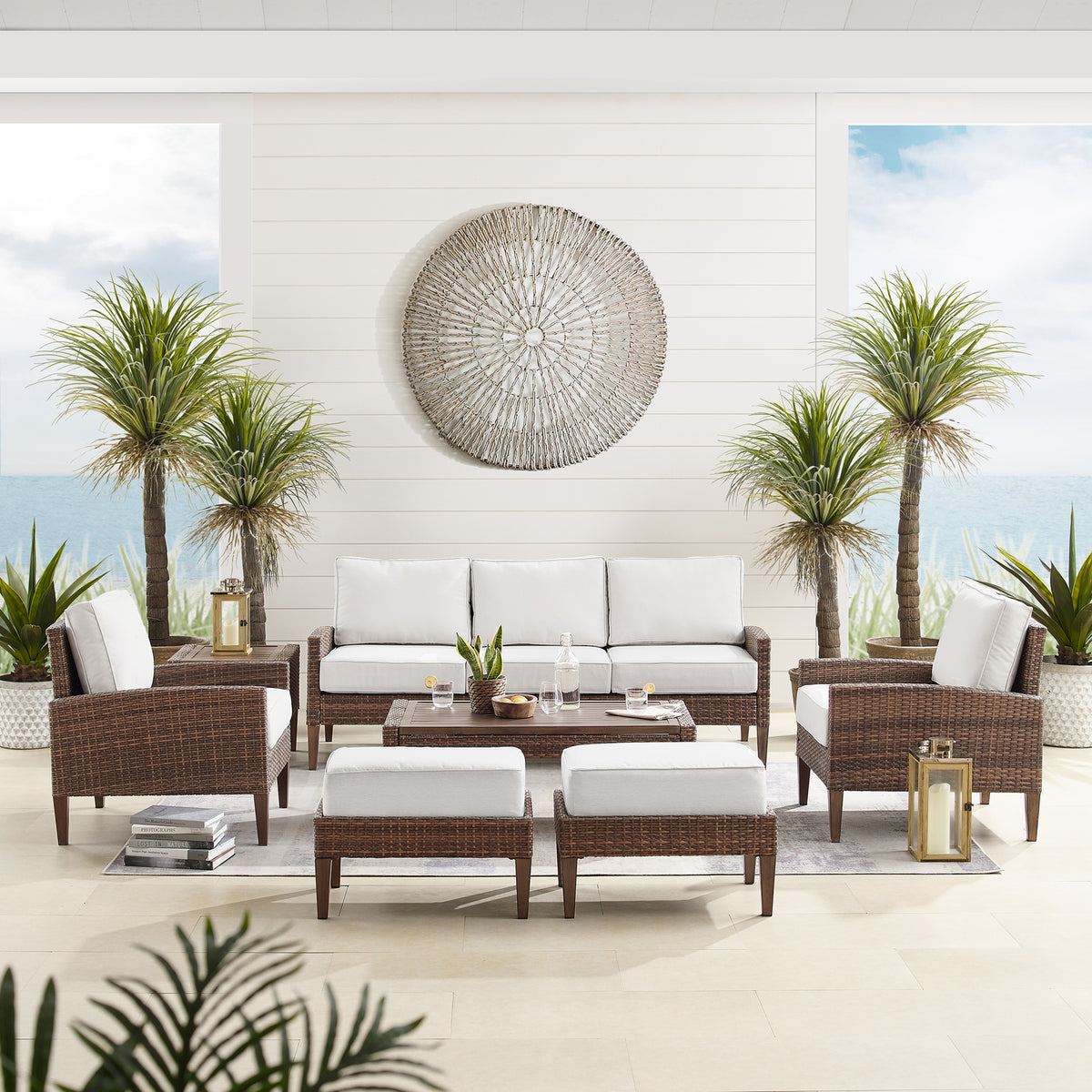 7Pc Outdoor Wicker Sofa Set Creme/Brown T766010