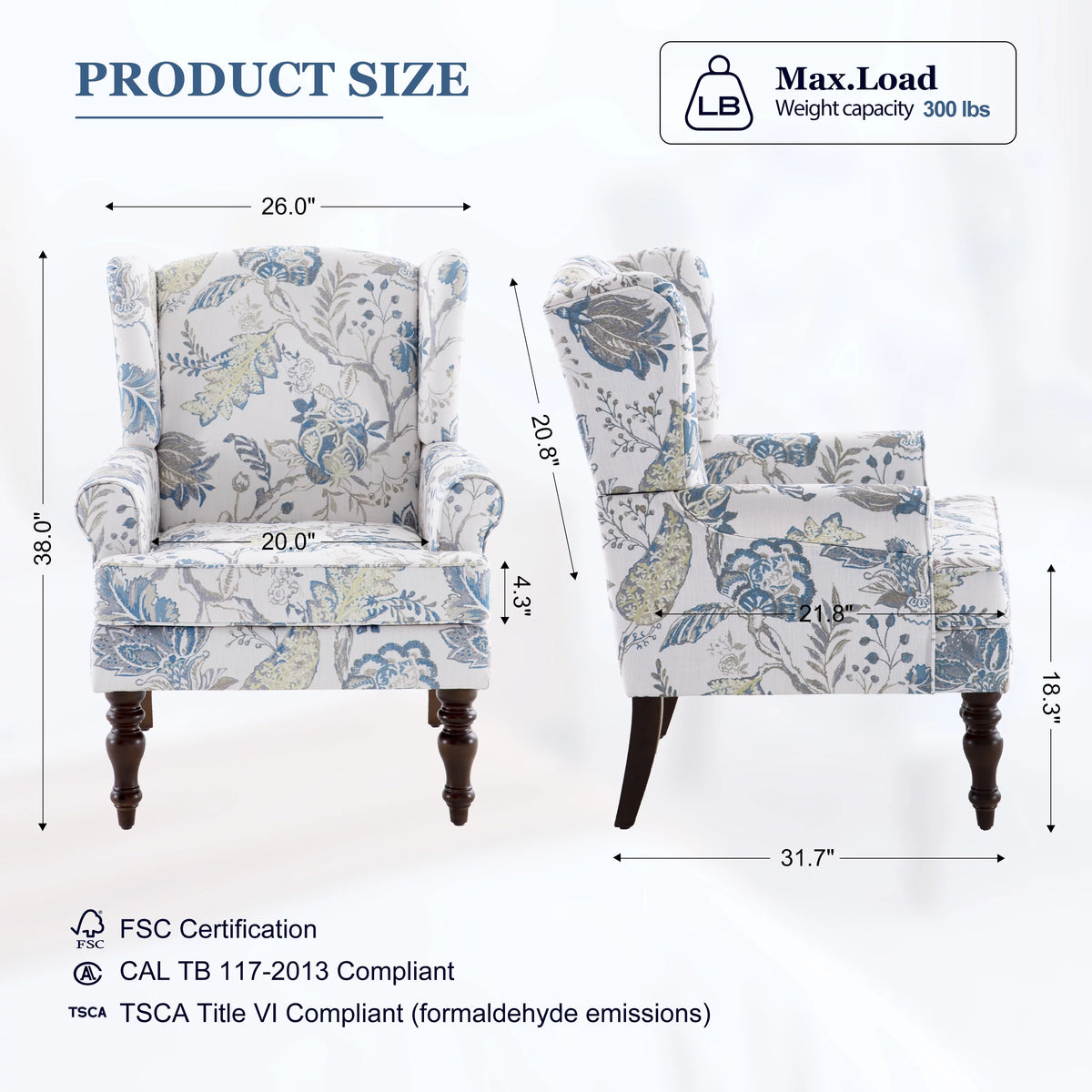 Blue Floral Print Upholstered Wingback Accent Chair with Solid Wood Legs K503455