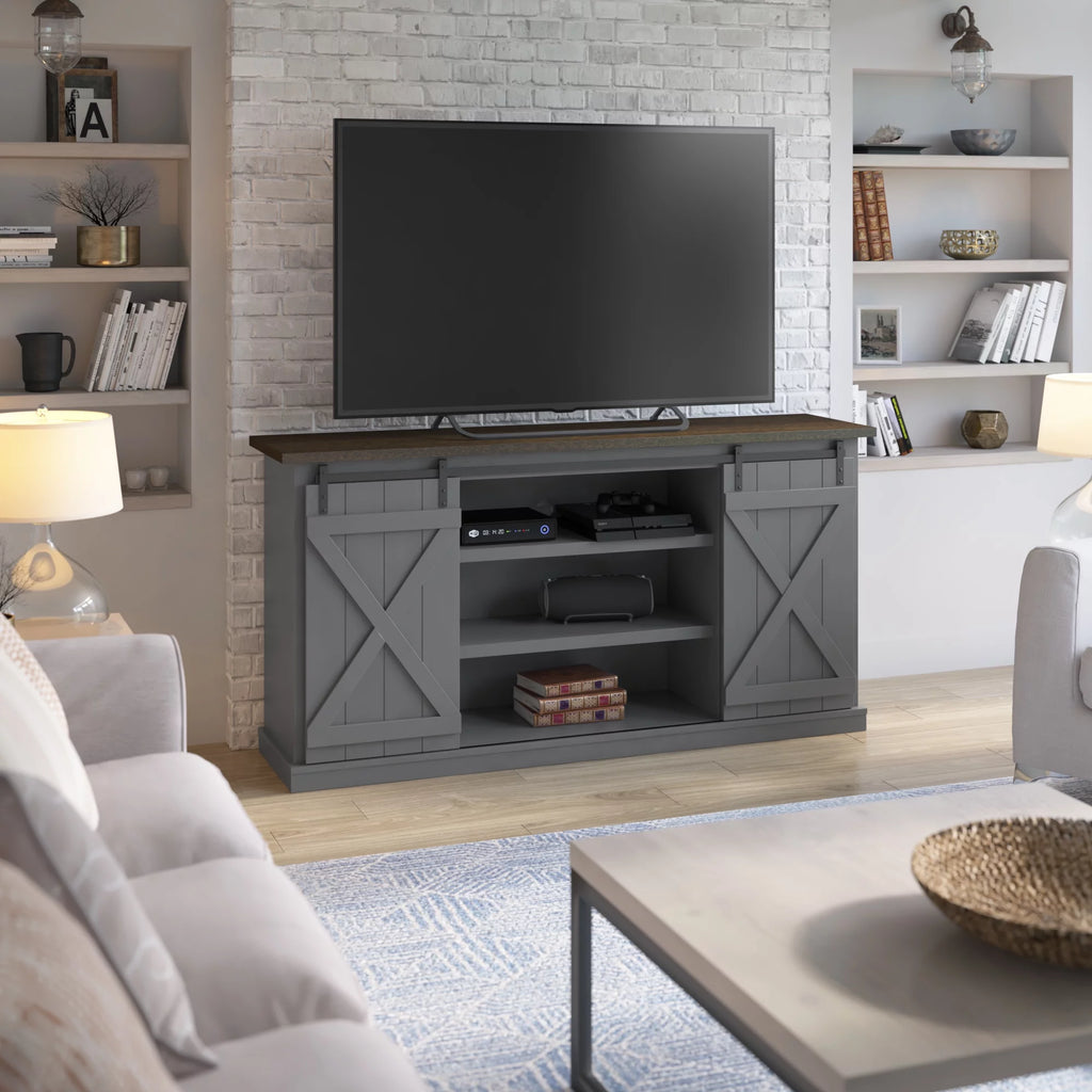 Modern Farmhouse TV Stand with Sliding Barn Doors V4193