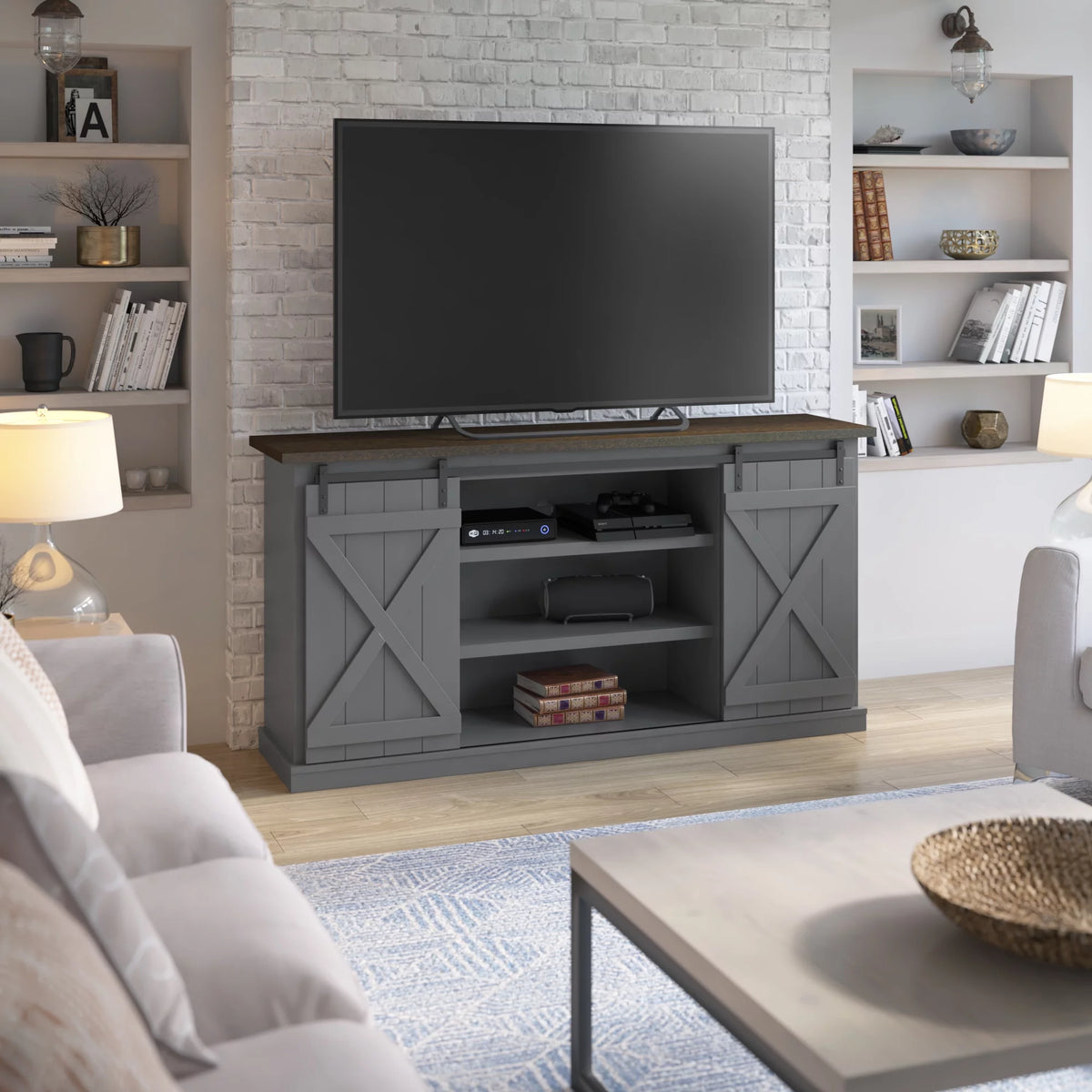 Modern Farmhouse TV Stand with Sliding Barn Doors V4193