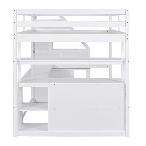 White Solid Wood Twin Loft Bed with Stairs and Desk P9140