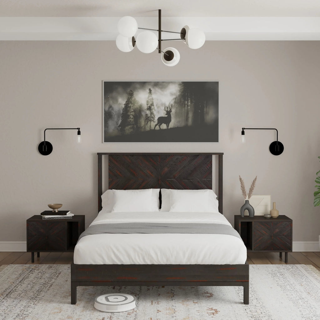 Queen Platform Bed Frame with Headboard Solid Wood Black T7199