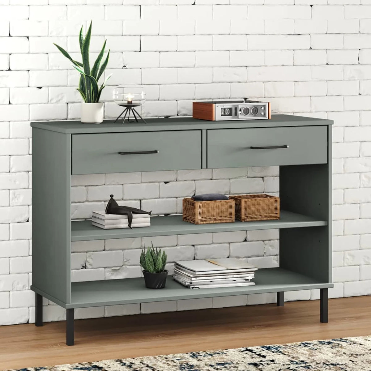Gray Solid Wood Pine Console Cabinet with Metal Legs H7852