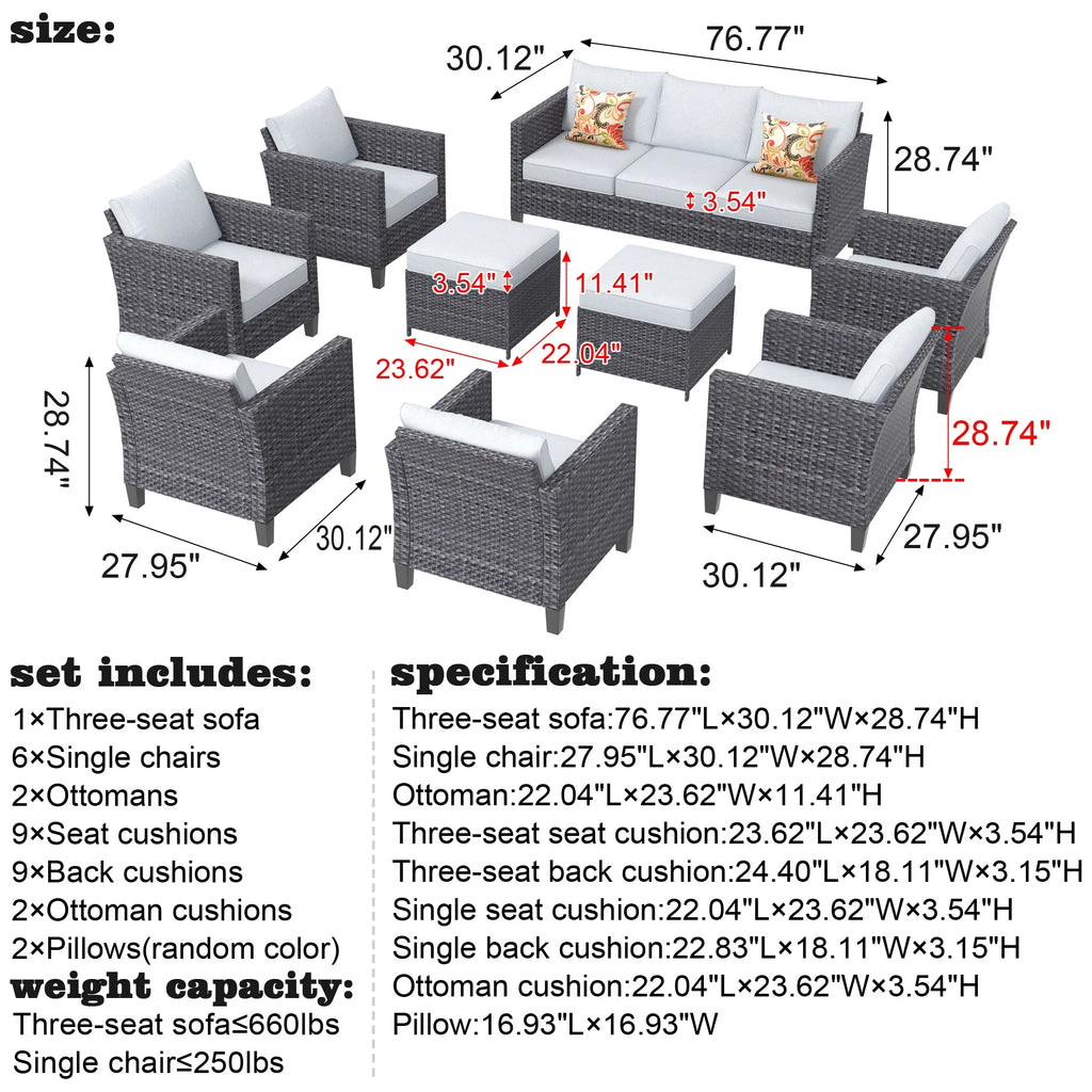 9 Piece Gray Wicker Patio Conversation Chair Set with Cushions D2051
