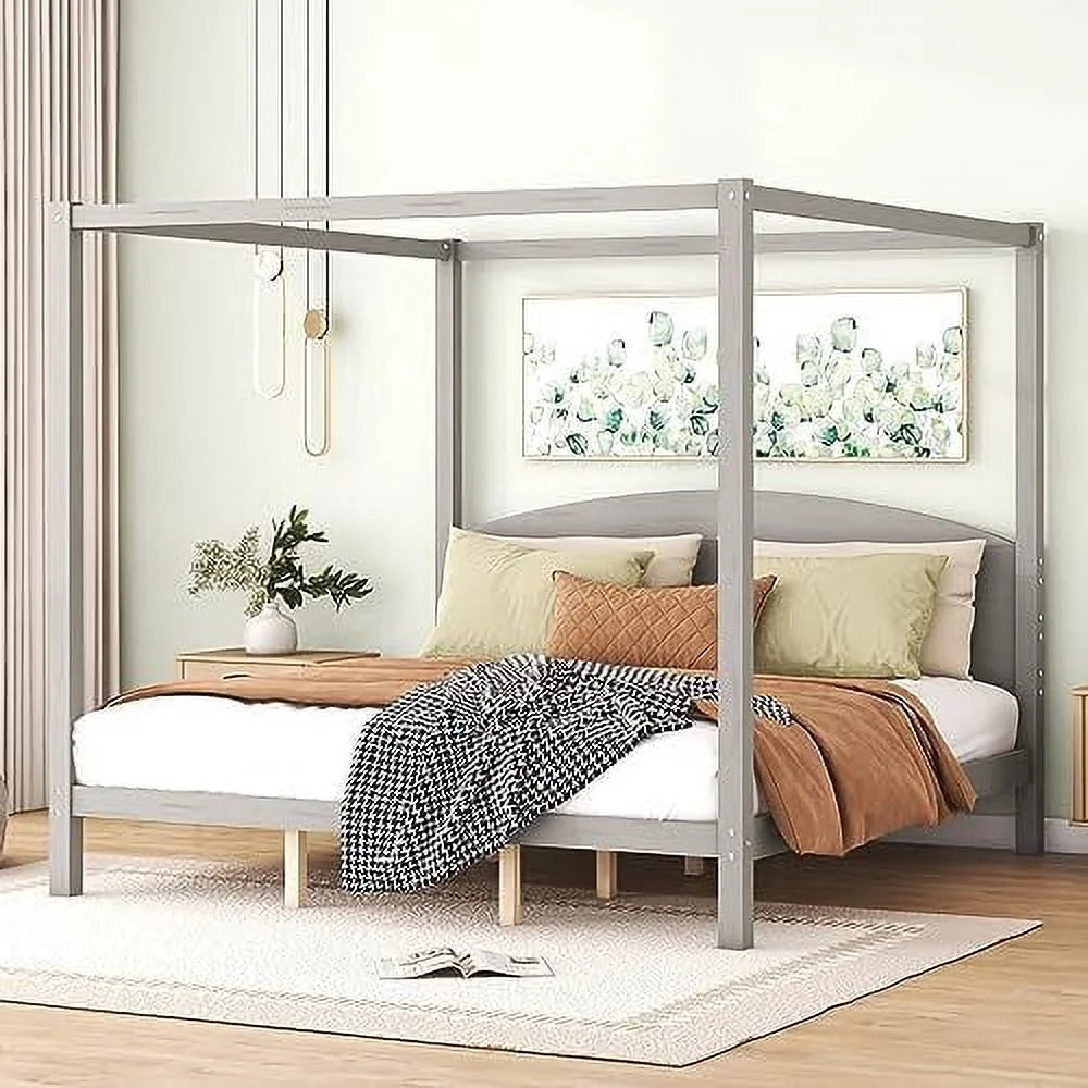White Queen Size 4-Poster Wood Canopy Bed Frame with Headboard M7837