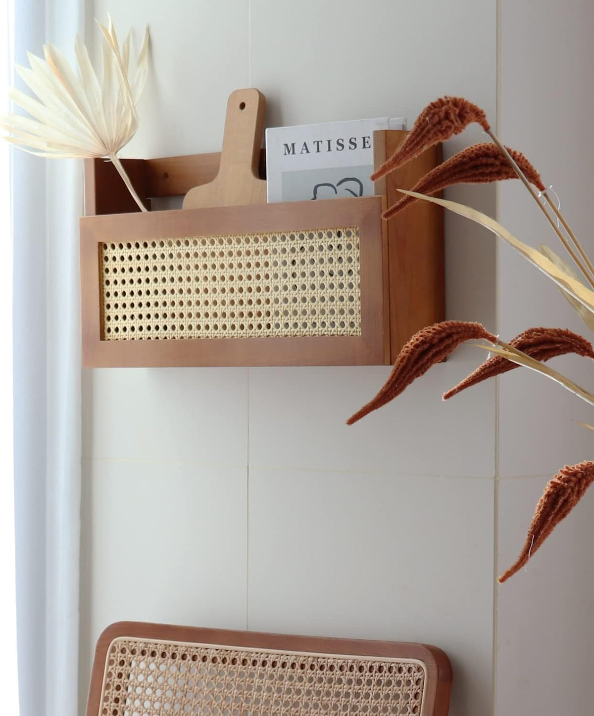Wall Wood Magazine Rack with PE Rattan Grid, Size 17.3" x 4" x 9.4", Brown R3801