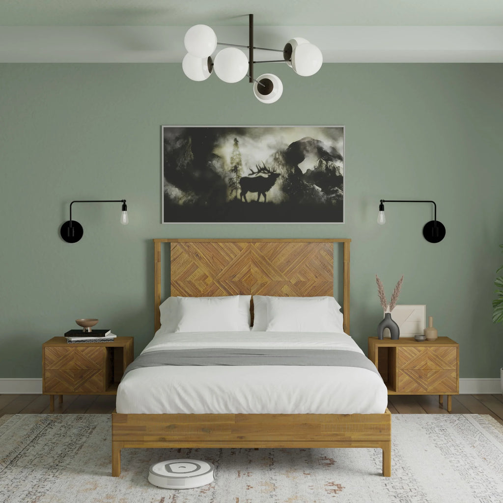 Queen Platform Bed Frame with Headboard Solid Wood Black T7199