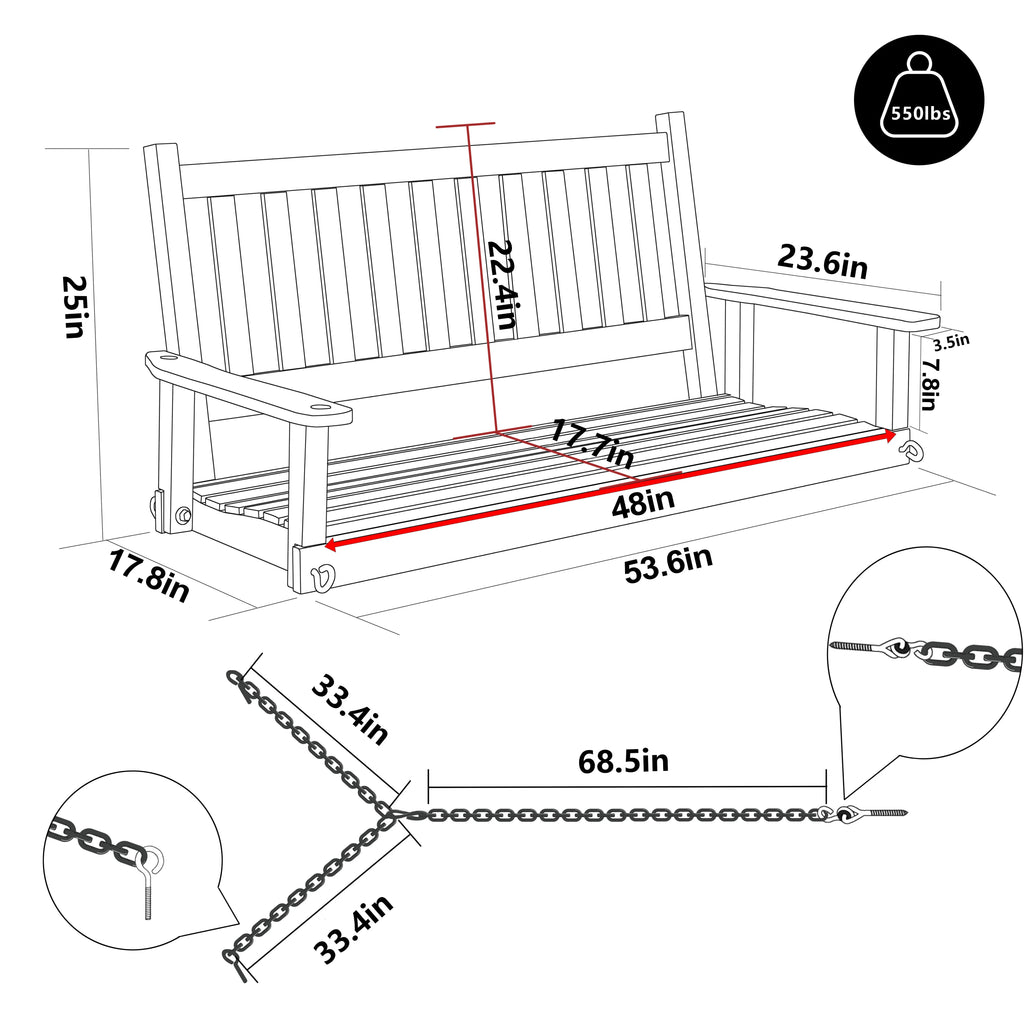 Wooden Porch Swing 4ft with Chains 2-person Swing Bench N47805