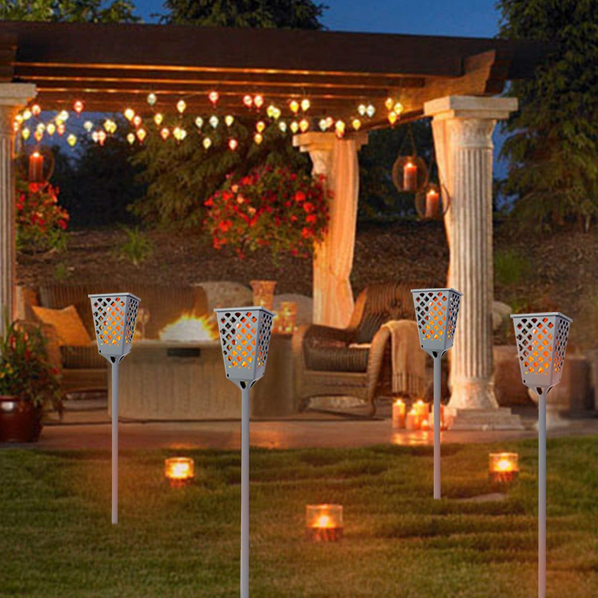 Grey Solar Torch Lights with Flickering Flame, 96 LED Waterproof A70282