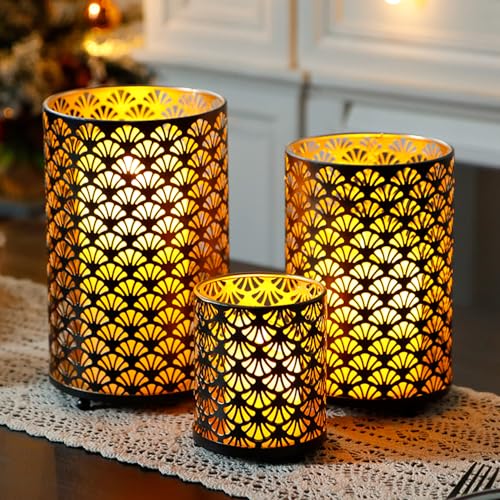 Set of 3 Metal Candle Holders Bronze Hurricane Pillar Candleholder H38403