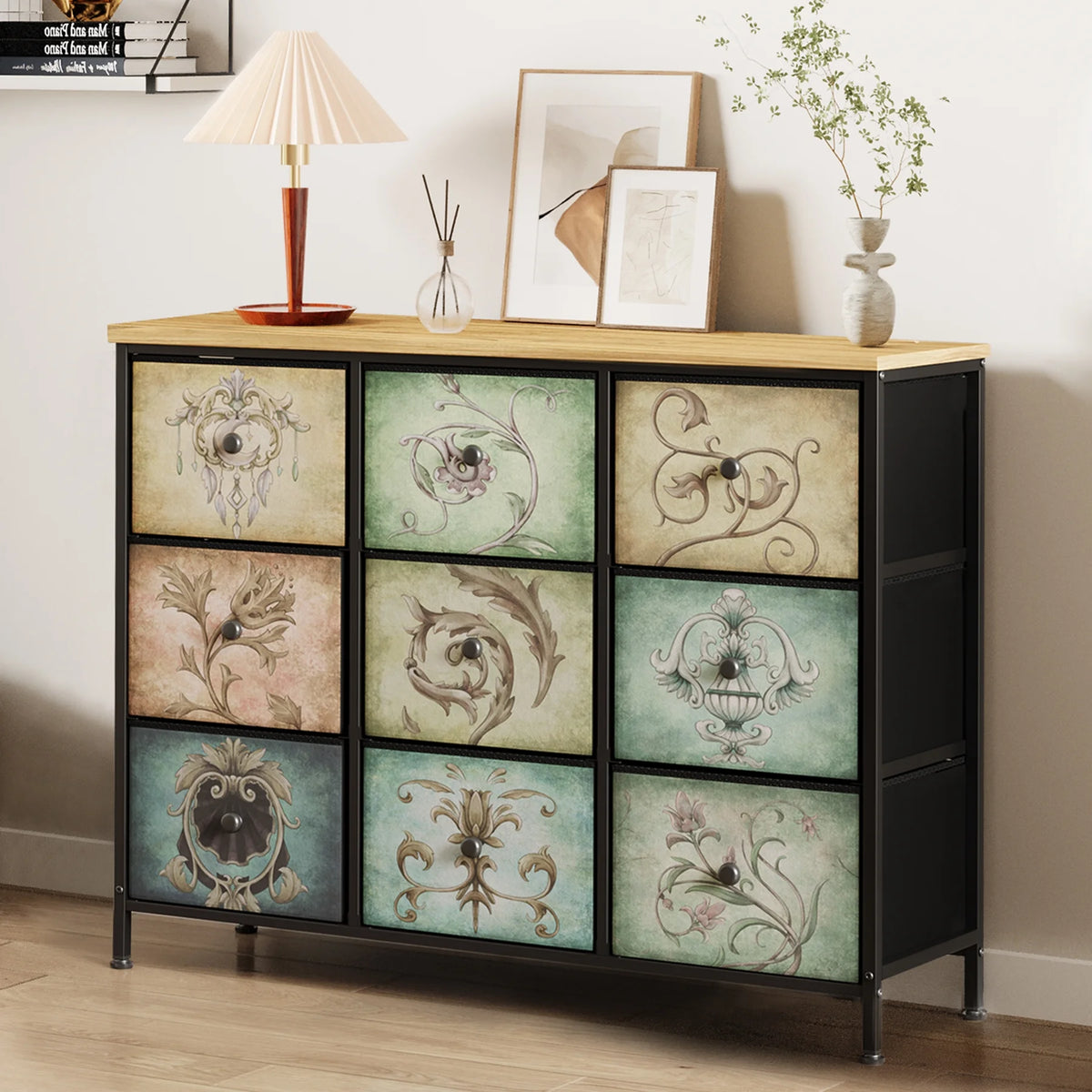 9 Drawer Dresser with Steel Frame Wooden Top Q47260