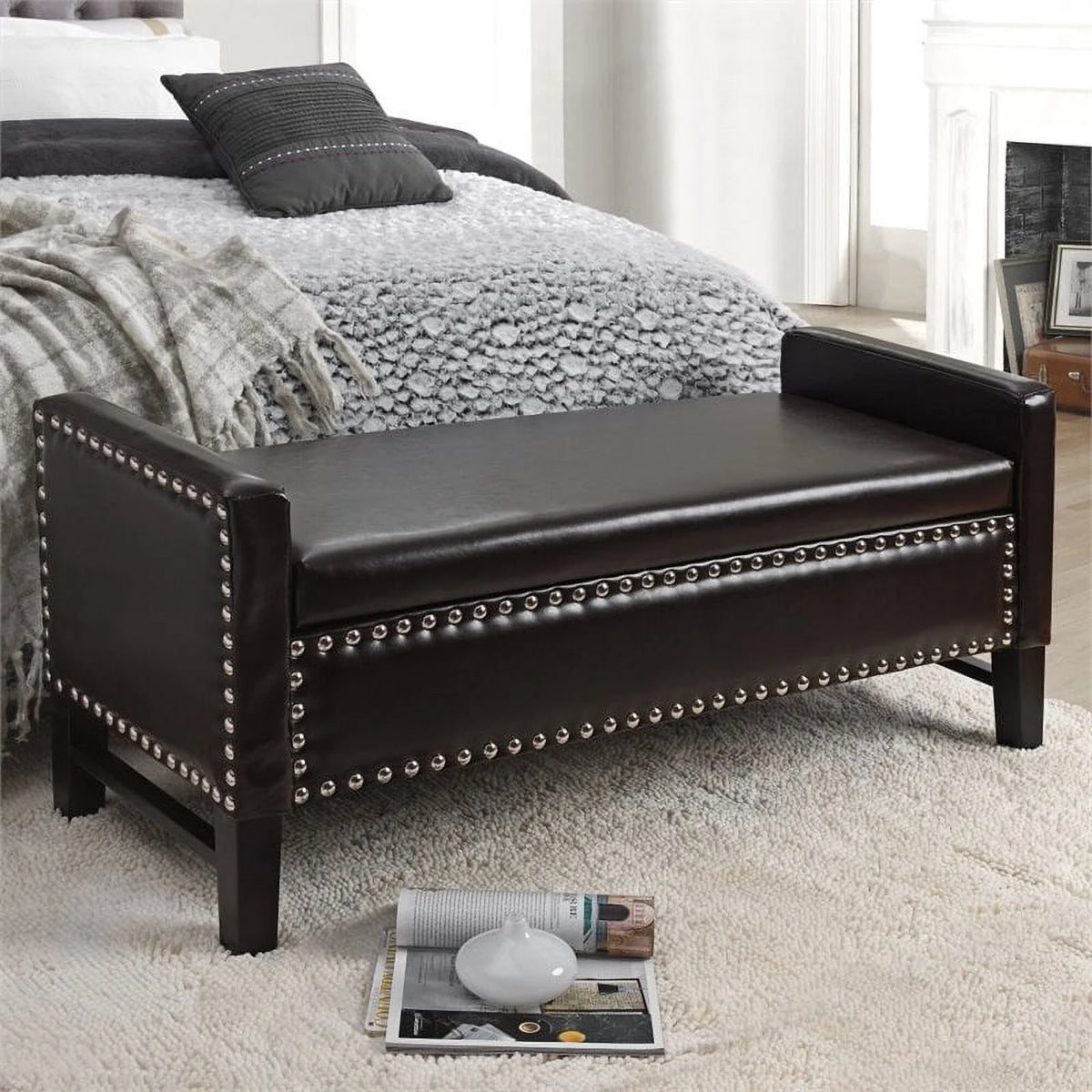 Espresso Faux Leather Storage Bench with Nailhead Trim T9561