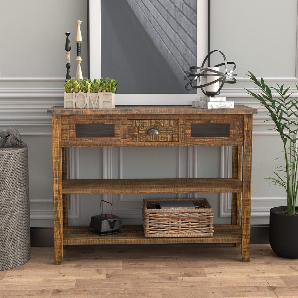 Industrial Farmhouse Console Table with Deep Drawers and Glass Panel Cabinet N858