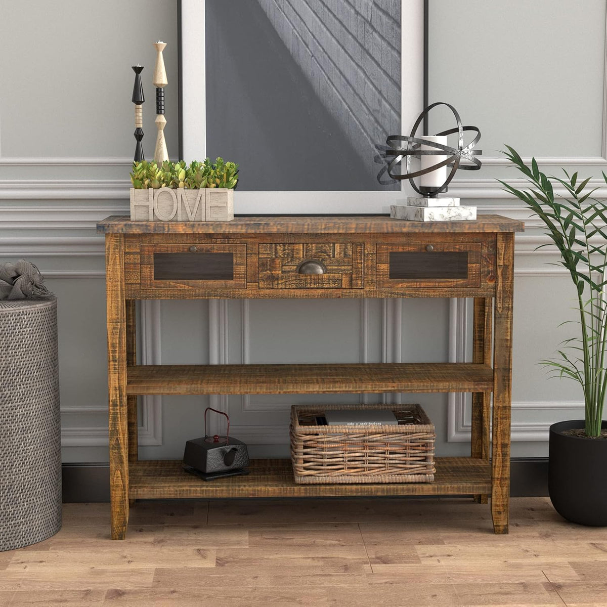 Industrial Farmhouse Console Table with Deep Drawers and Glass Panel Cabinet N858
