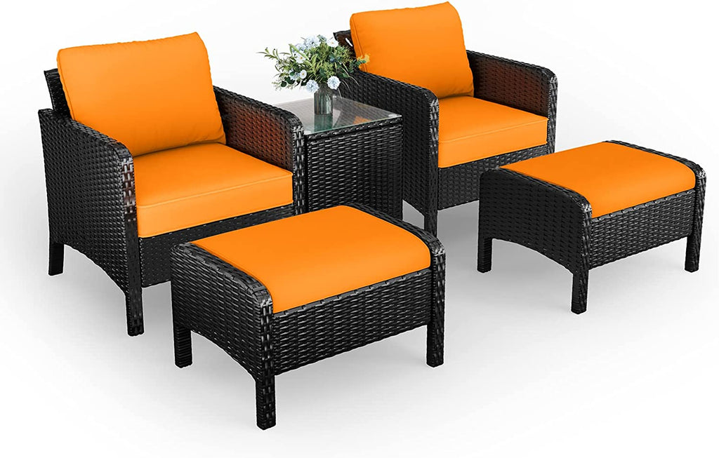 5 Pieces PE Rattan Wicker Outdoor Cushioned Lounge Chairs Set with Ottomans and Glass Table R984