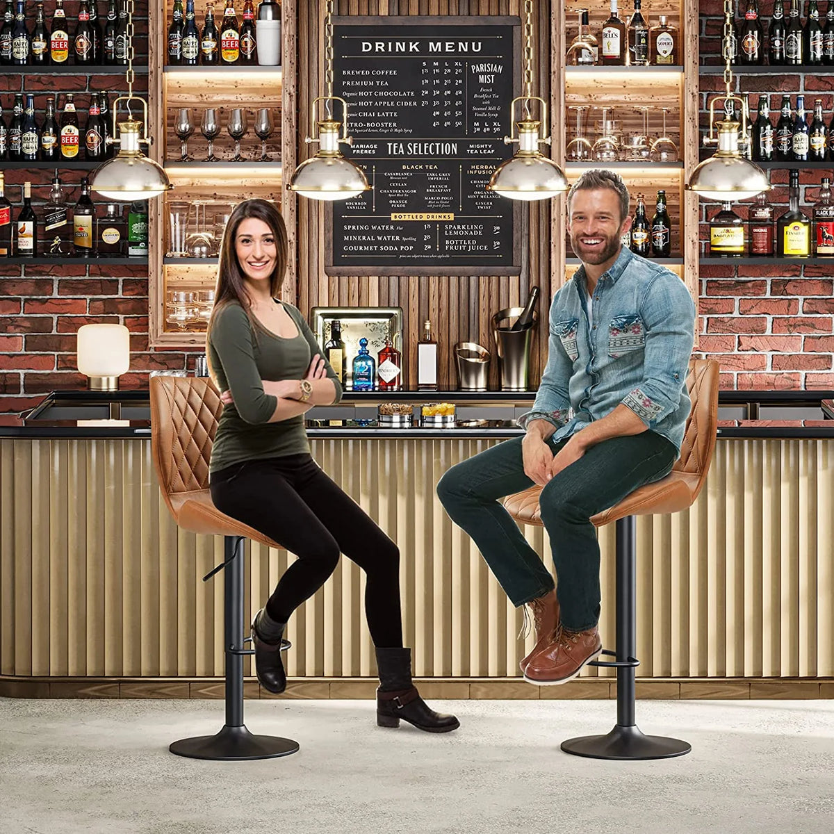 Set of 2 PU Leather Bar Stools Height Adjustable Bar Chairs Brown K8591